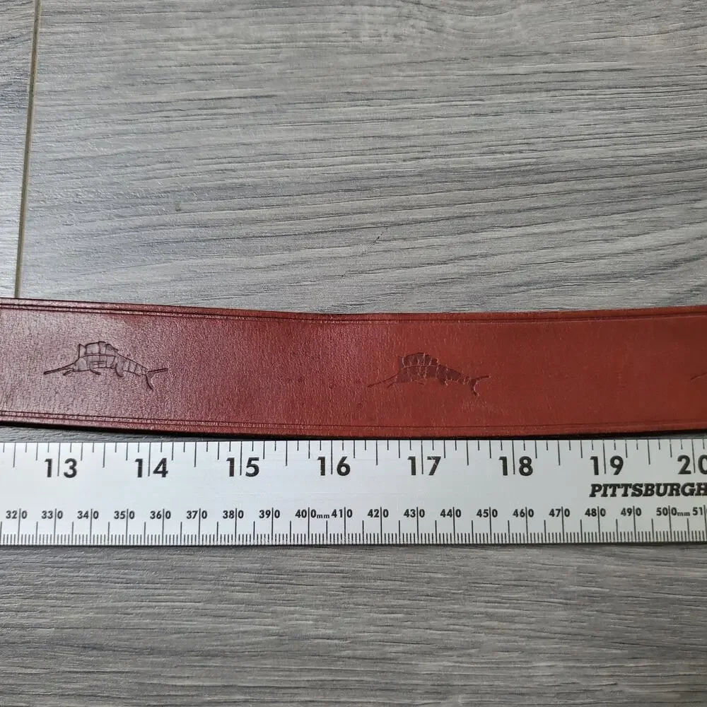 Tommy Bahama Belt Mens 32 Brown Leather Marlin Brass Buckle Genuine Top Grain